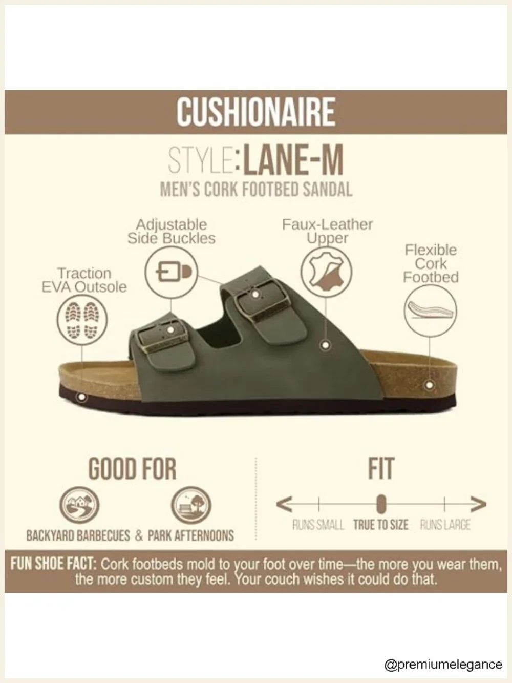Cork Footbed Sandals with Adjustable Buckle - Genuine Leather Insole, Vegan